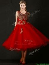 Beautiful V Neck Tea Length Prom Dress with Beading and Appliques BMT0155FOR