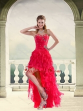 Discount Coral Red Ball Gown Strapless Prom Dresses with Ruffles and Beading QDZY034-2TZBFOR