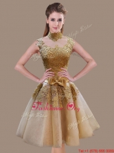 Elegant A Line High Neck Champagne Prom Dress with Appliques and Bowknot SWPD020FBFOR