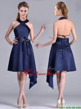 Elegant Halter Top Asymmetrical Navy Blue Prom Dress in Satin THPD026FOR