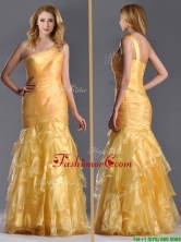 Elegant Mermaid One Shoulder Organza Ruffled Prom Dress in Gold THPD285FOR