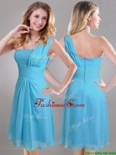 Elegant One Shoulder Ruched Chiffon Prom Dress in Aqua Blue THPD237FOR