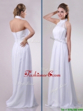 Empire Halter Top Applique Decorated Waist White Prom Dress in Chiffon THPD047FOR