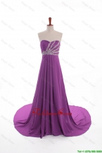 Fashionable Beaded Court Train Prom Dresses in Eggplant Purple DBEES210FOR
