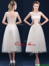 Fashionable Tea Length Scoop Prom Dress with Lace and Appliques BMT0185CFOR