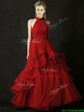 Modest A Line Halter Top Tulle Prom Dress with Appliques BMT0189FOR