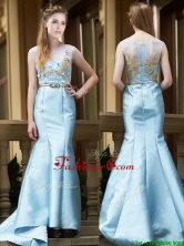 Modest Mermaid Applique Brush Train Prom Dress in Light Blue BMT0172FOR