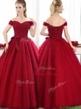 New Arrivals Off the Shoulder Wine Red Prom Dress with Bowknot BMT089FOR