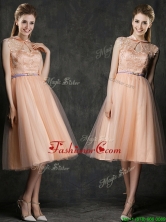 Popular High Neck Peach Prom Dress with Sashes and Lace BMT0100BFOR