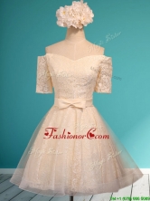Pretty Off the Shoulder Short Sleeves Champagne Prom Dress with Bowknot BMT0123AFOR