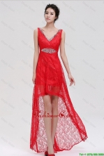 Pretty V Neck Laced and Beaded Red Prom Dresses with High Low DBEE005FOR