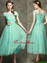 Romantic Off the Shoulder Cap Sleeves Prom Dress with Appliques and Hand Made Flowers BMT095EFOR