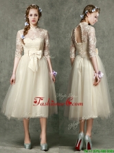 See Through High Neck Half Sleeves Prom Dress with Lace and Bowknot BMT097EFOR