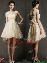 See Through Scoop Champagne Prom Dress with Hand Made Flowers and Bowknot BMT0119AFOR
