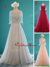 See Through Scoop Half Sleeves Prom Dress with Appliques and Belt BMT0128FOR