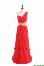 Sexy Appliques and Ruffles One Shoulder Prom Dresses with Sweep Train DBEES129FOR