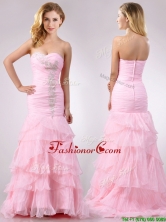 Popular Brush Train Organza Pink Prom Dress with Beading and Ruffles THPD036FOR
