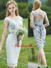 Wonderful Scoop Cap Sleeves Sashes Prom Dress in Grey BMT0103BFOR
