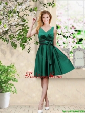 Wonderful V Neck Bowknot Hunter Green Prom Dresses with Knee Length BMT039FOR