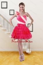 2015 One Shoulder Short Prom Gown with Ruffled Layers and Hand Made Flower XFNAO239TZBFOR