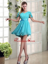 A Line Ruching and Belt V Neck Prom Dress with Cap Sleeves BMT020DFOR