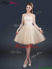 Fashionable Strapless Lace Champagne Short Prom Dresses BMT065EFOR