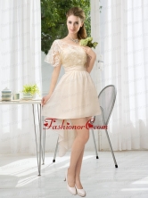 Lace High Low Short Sleeves Prom Dress with One Shoulder BMT021BFOR