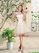 Perfect V Neck Appliques and Belt Prom Dresses in Champagne BMT035DFOR