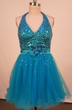 Popular A-line Halter Top neck Mini-length Organza Blue Beading Short Prom Dresses Style FA-C-174