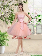 Popular Strapless Mini Length Prom Dresses with Appliques and Bowknot BMT042EFOR