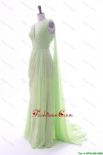 2016 Spring Perfect Empire V Neck Ruching and Pleats Prom Dresses with Watteau Train DBEES001FOR