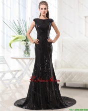 Beautiful Column Bateau Brush Train Sequins Prom Dresses in Black DBEE515FOR