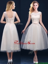Best Selling See Through Champagne Prom Dress with Appliques and Belt BMT0185BFOR