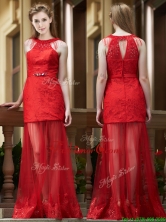 Cheap Belted Red Long Prom Dress in Tulle and Lace BMT0188FOR