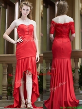 Cheap Column High Low Red Prom Dress with Brush Train BMT096FOR