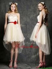 Classical One Shoulder High Low Champagne Prom Dress with Belt and Appliques BMT0105DFOR