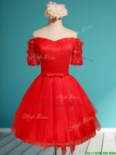 Comfortable Off the Shoulder Short Sleeves Red Prom Dress with Appliques and Belt BMT0127BFOR