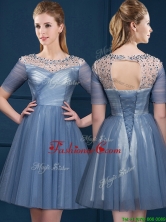 Exclusive Scoop Short Sleeves Beading Prom Dress in Navy Blue BMT0115FOR