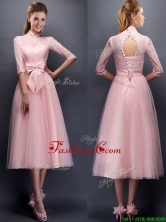 Luxurious Laced High Neck Half Sleeves Prom Dress with Bowknot  BMT097E-1FOR