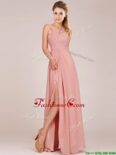 Modern Straps Peach Prom Dress with Ruching and High Slit BMT0166CFOR