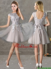 Most Popular Bateau Cap Sleeves Grey Prom Dress with Lace BMT0137CFOR
