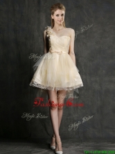 New One Shoulder Short Prom Dress with Belt and Hand Made Flowers BMT0104DFOR