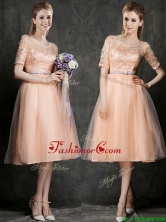 New Scoop Half Sleeves Prom Dress with Sashes and Lace BMT0100AFOR