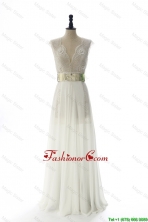 New Style White Long Prom Dresses with Beading and Belt for 2016 DBEES243FOR