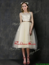 Popular Scoop Champagne Prom Dress with Sashes and Lace BMT0143EFOR