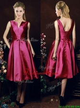 Popular V Neck Knee Length Bowknot Prom Dress in Fuchsia BMT0154FOR