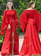 Pretty Bateau Long Sleeves Red Prom Dress with Beading and High Slit BMT0164FOR