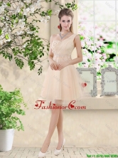 Pretty One Shoulder Champagne Prom Dresses with Appliques and Belt BMT043AFOR