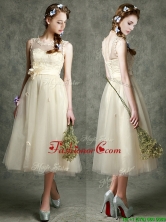 See Through Scoop Champagne Prom Dress with Hand Made Flowers and Appliques BMT097BFOR