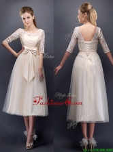See Through Scoop Half Sleeves Champagne Prom Dress with Bowknot BMT0107-1FOR